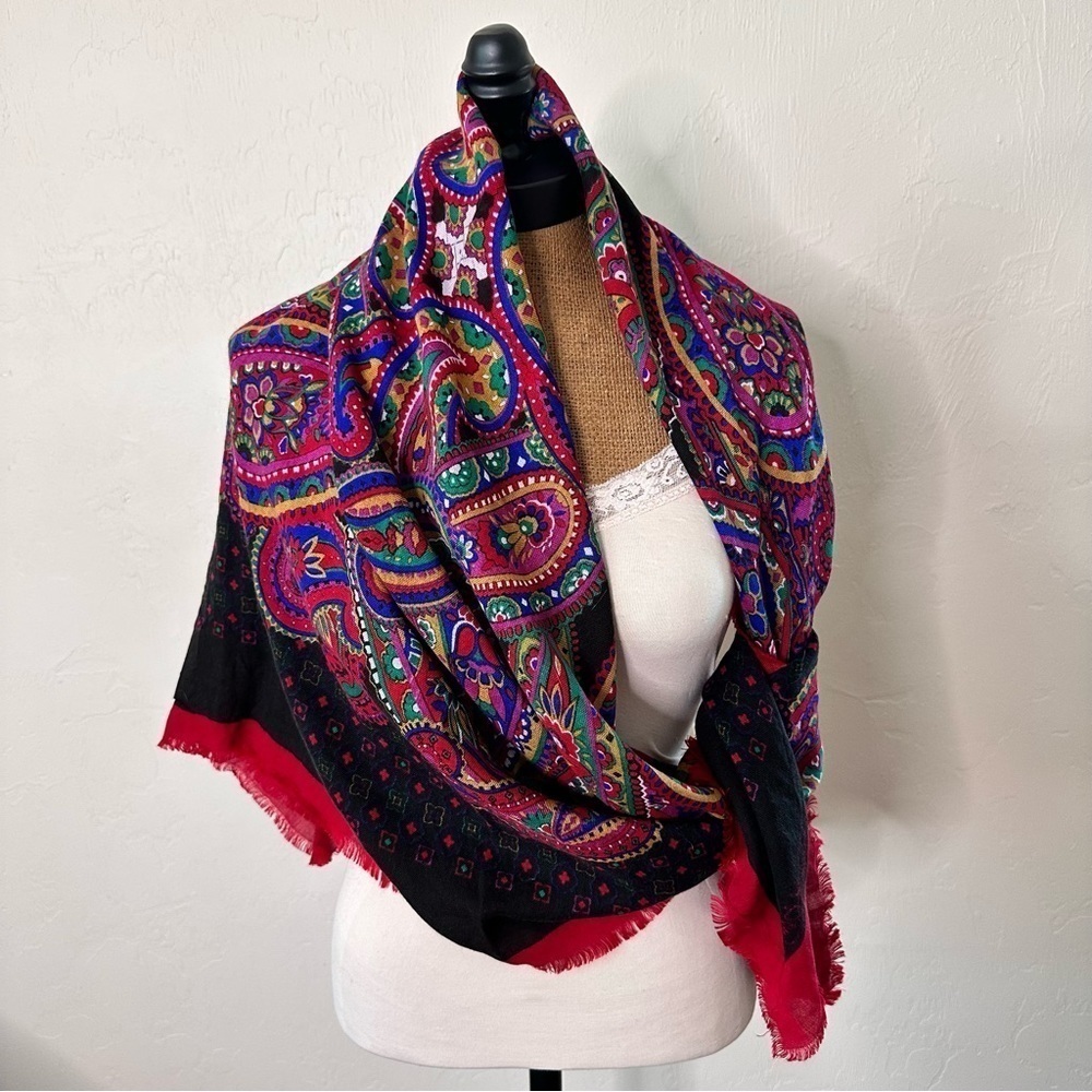 David Benjamin large square scarf paisley deep jewel tones on black red trim‌‌‌‍